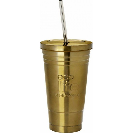 Ecolife Cup Ποτήρι Θερμός Ανοξείδωτο BPA Free 480ml Χρυσό με Καλαμάκι 33-BO-4008