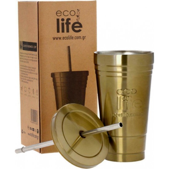 Ecolife Cup Ποτήρι Θερμός Ανοξείδωτο BPA Free 480ml Χρυσό με Καλαμάκι 33-BO-4008