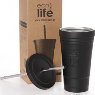 Ecolife Cup Ποτήρι Θερμός Ανοξείδωτο BPA Free 480ml Μαύρο με Καλαμάκι 33-BO-4000