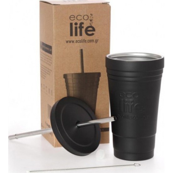 Ecolife Cup Ποτήρι Θερμός Ανοξείδωτο BPA Free 480ml Μαύρο με Καλαμάκι 33-BO-4000