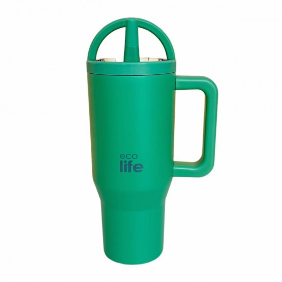 Ecolife Handled Tumbler Θερμός BPA Free 900ml Green Tea με Καλαμάκι και Λαβή 33-BO-7071