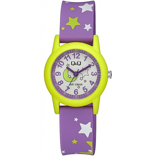 Q&Q Παιδικό Αναλογικό Ρολόι 30mm Λουράκι Μωβ V22A-007VY Φεγγάρι κ αστέρια