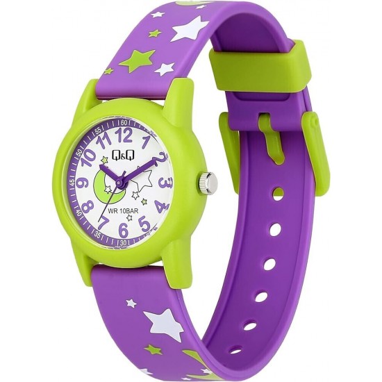 Q&Q Παιδικό Αναλογικό Ρολόι 30mm Λουράκι Μωβ V22A-007VY Φεγγάρι κ αστέρια